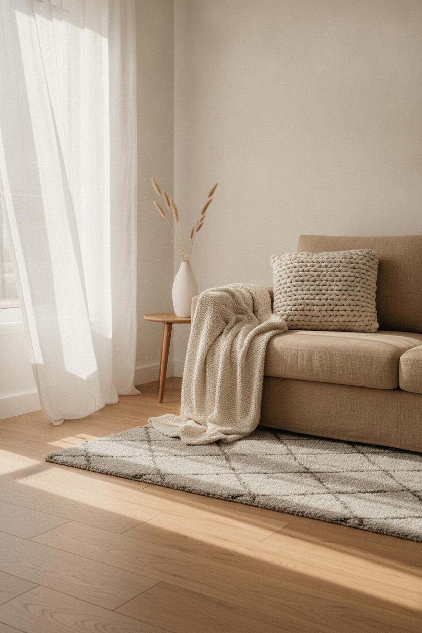 Minimalist living room with boucle throw, knit pillow, and wool rug layered over hardwood floors — cozy home aesthetic on a budget
