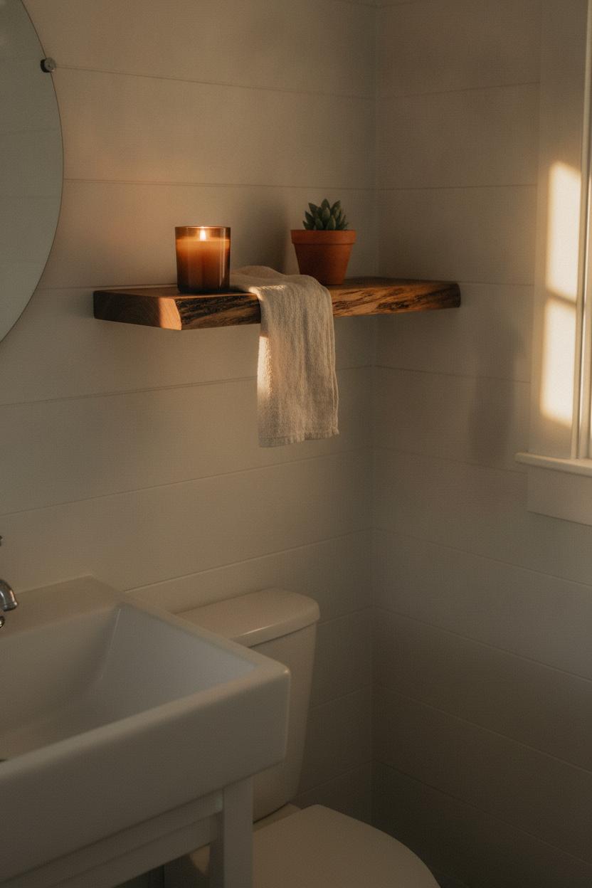 Cozy bathroom with live-edge walnut floating shelf styled with candle, succulent, and linen towel — small bathroom floating shelves ideas