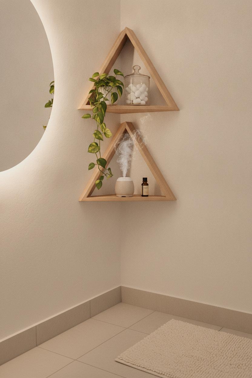 Staggered triangular light oak corner floating shelves in small bathroom with pothos, cotton balls, and diffuser mist