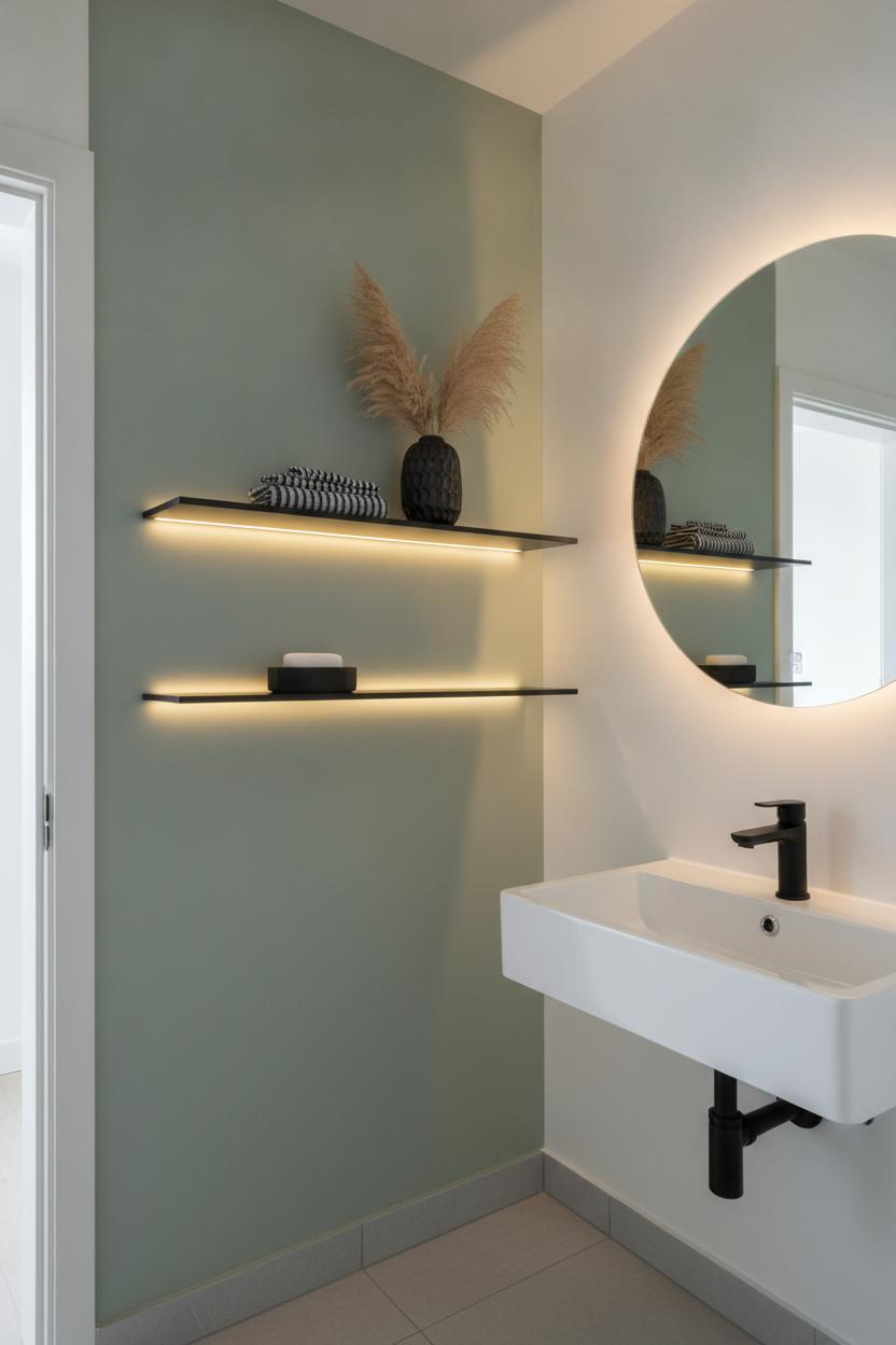 Modern small bathroom floating shelves ideas: matte black metal shelves on sage green wall with towels and pampas grass décor