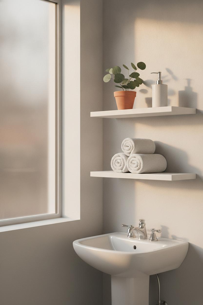 Small bathroom floating shelves ideas: two slim white wooden shelves styled with eucalyptus, soap dispenser, and rolled towels