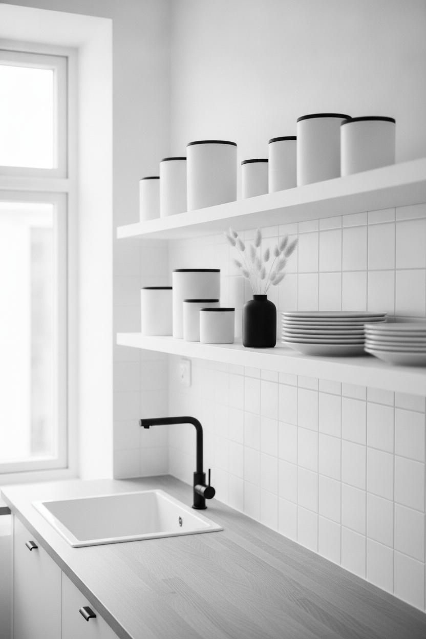 Minimalist black and white kitchen shelf decor styling ideas with ceramic canisters, stacked plates, and pampas grass