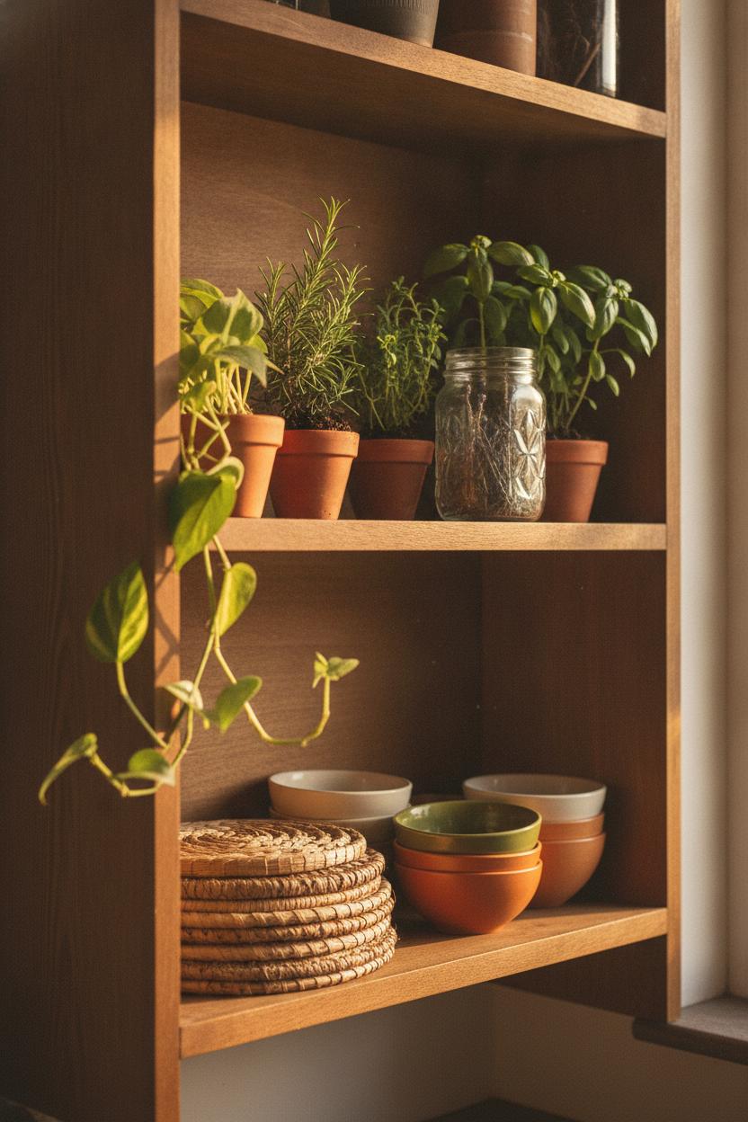 Cozy kitchen shelf decor styling ideas with potted herbs, trailing pothos, and dried lavender in warm golden light