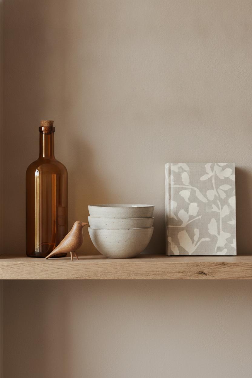 Styled kitchen shelf decor ideas with amber bottle, ceramic bowls, wooden figurine, and recipe book at varying heights