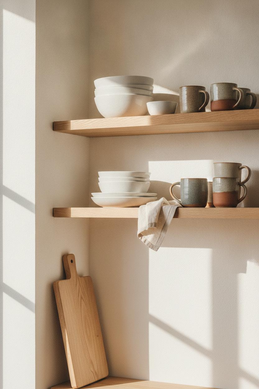 Open kitchen shelves with white ceramic bowls, pottery mugs, and oak cutting board — kitchen shelf decor styling ideas