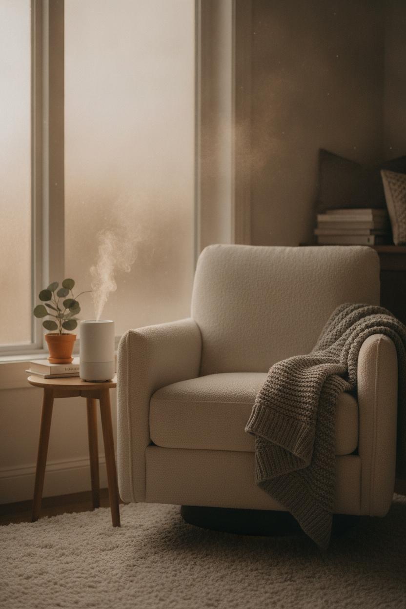 Cozy cream armchair with eucalyptus plant and diffuser — simple daily self care routine ideas for mindful moments at home