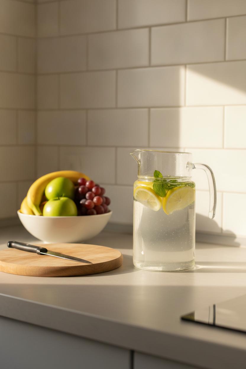 Bright minimal kitchen counter with lemon mint infused water and fresh fruit — simple daily self care routine ideas