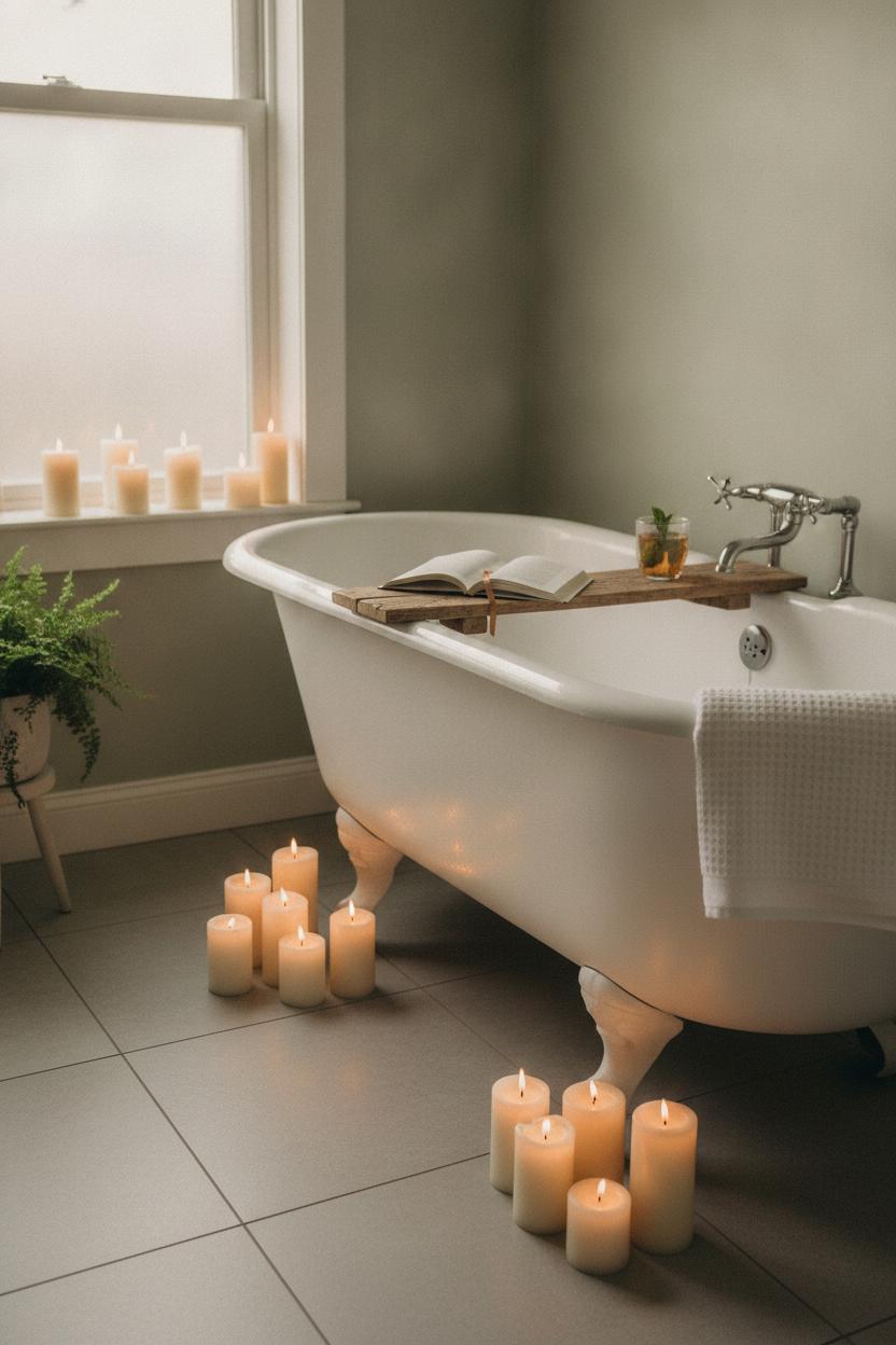 Cozy clawfoot tub with candles, book, and herbal tea — simple daily self care routine ideas for a relaxing evening wind-down