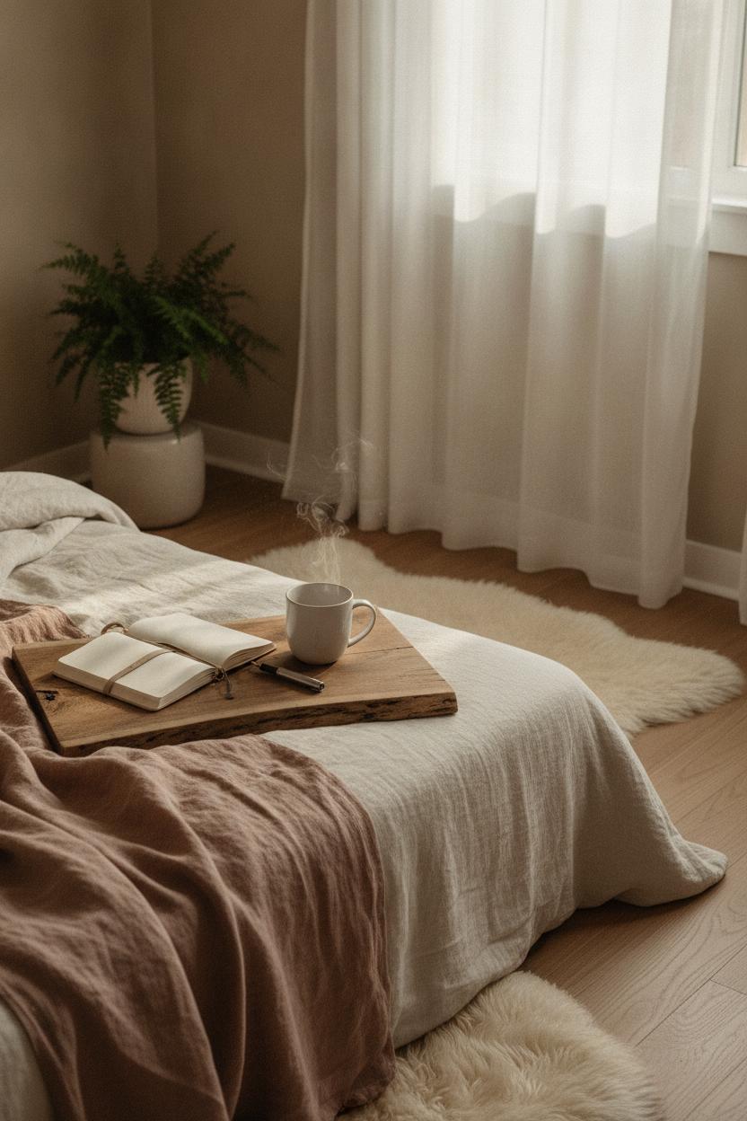 Serene bedroom corner at dawn with linen bed, tea, and journal — daily self care routine ideas simple and calm