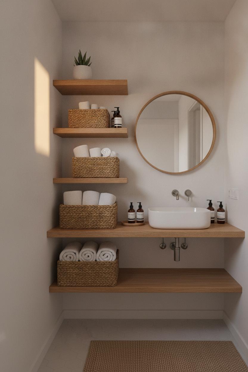 Cozy bathroom vanity with seagrass baskets on wooden shelves holding towels — small bathroom storage ideas on a budget