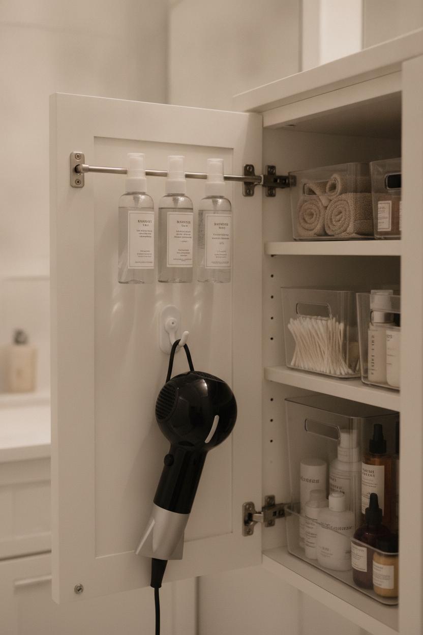 Bathroom cabinet organized with tension rod, spray bottles, and command hook — small bathroom storage ideas on a budget