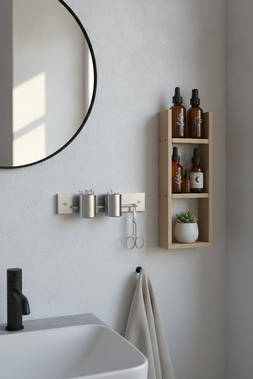 Magnetic strip and wall-mounted spice rack repurposed for beauty products — small bathroom storage ideas on a budget