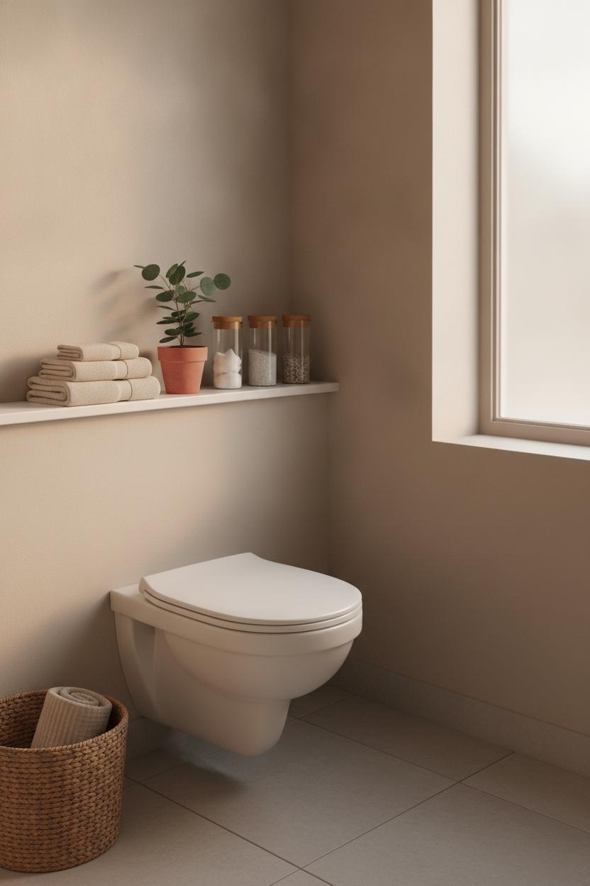 Slim white floating shelf over toilet with folded towels and plants — small bathroom storage ideas on a budget