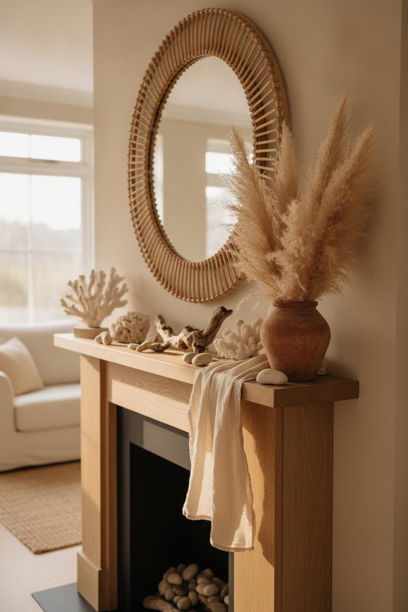 Light oak fireplace mantel with rattan mirror, pampas grass, driftwood and stones — summer holiday mantel decorating ideas