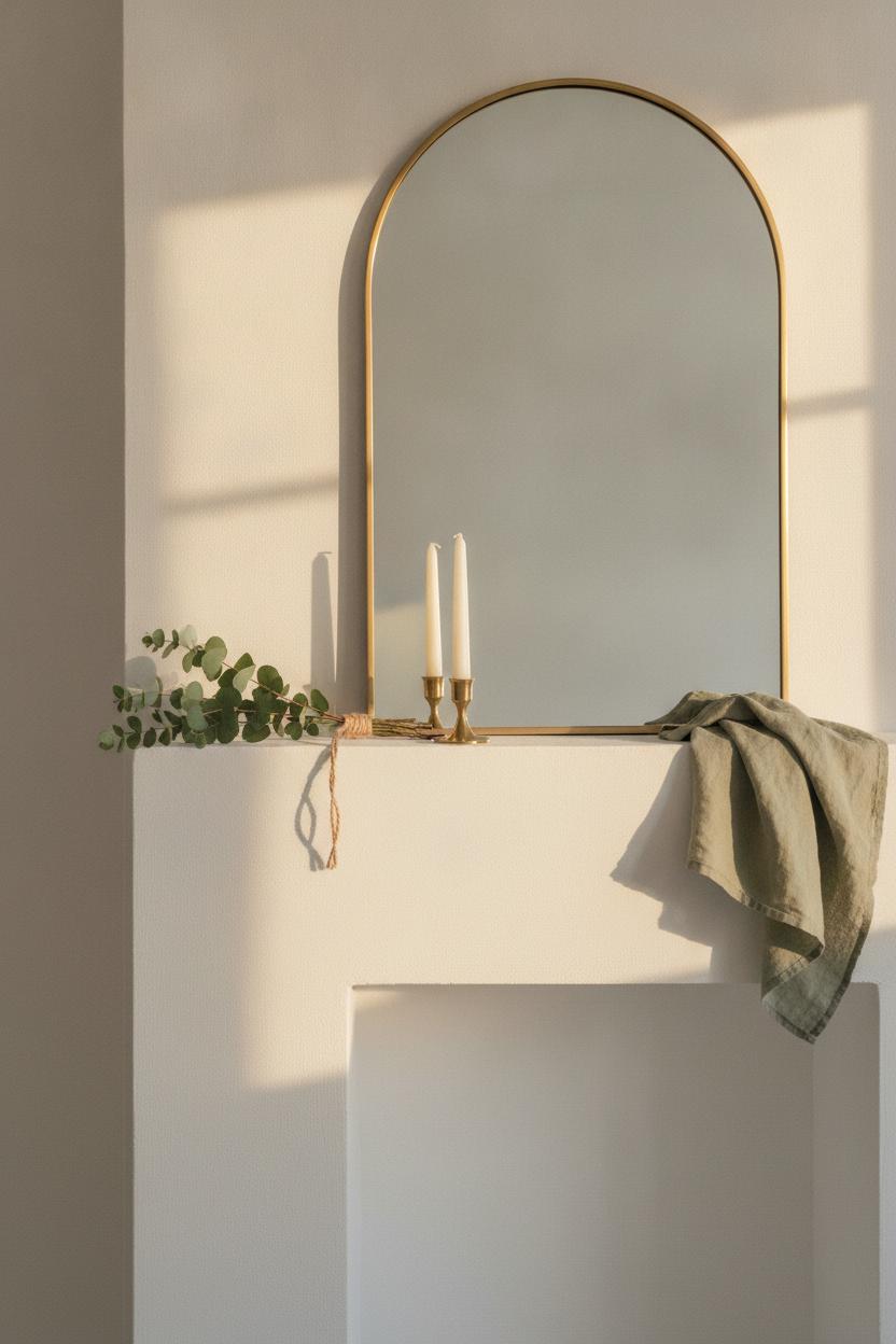 Minimalist summer holiday mantel decorating ideas with eucalyptus, brass candles, arched mirror, and sage linen