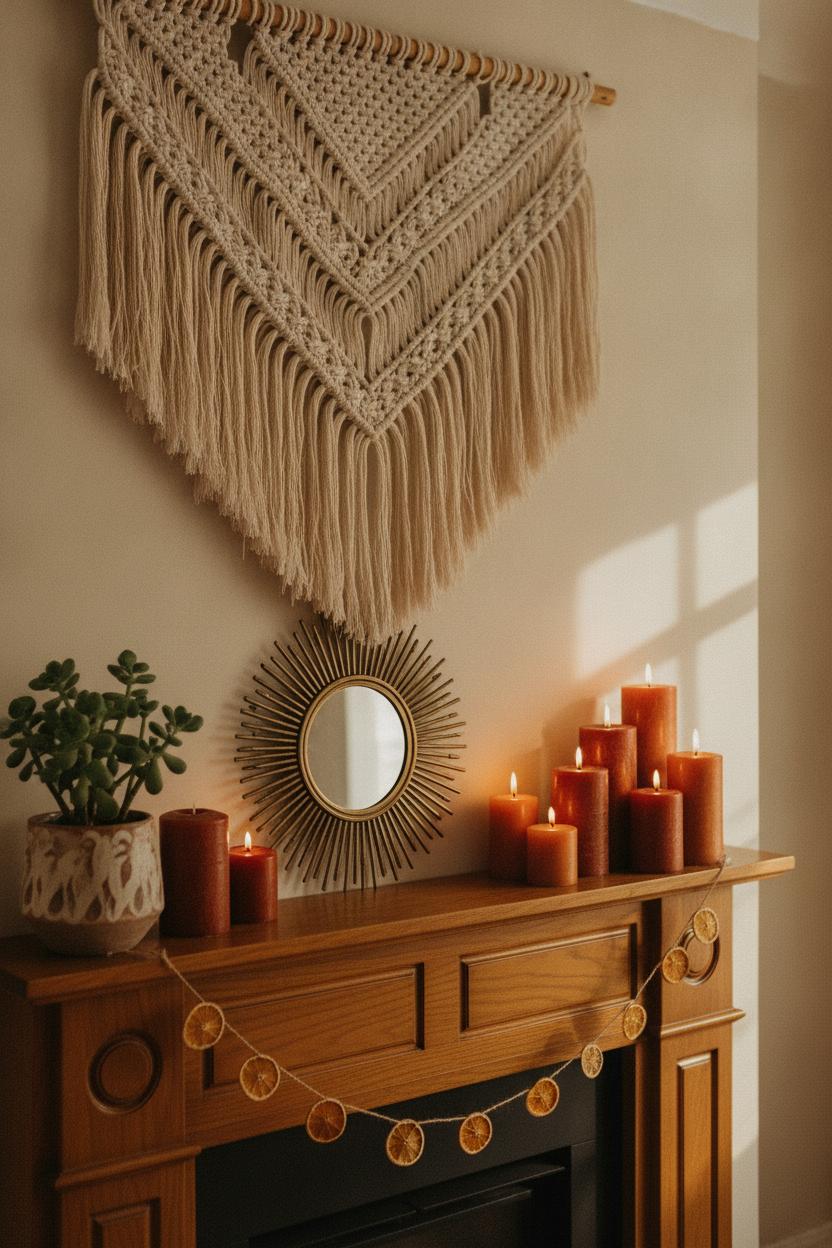 Warm boho summer holiday mantel decorating ideas with macrame, terracotta candles, succulents, and brass sunburst mirror