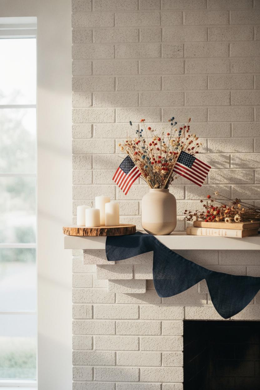White brick fireplace mantel with patriotic red, white, and blue summer holiday mantel decorating ideas featuring flags and candles