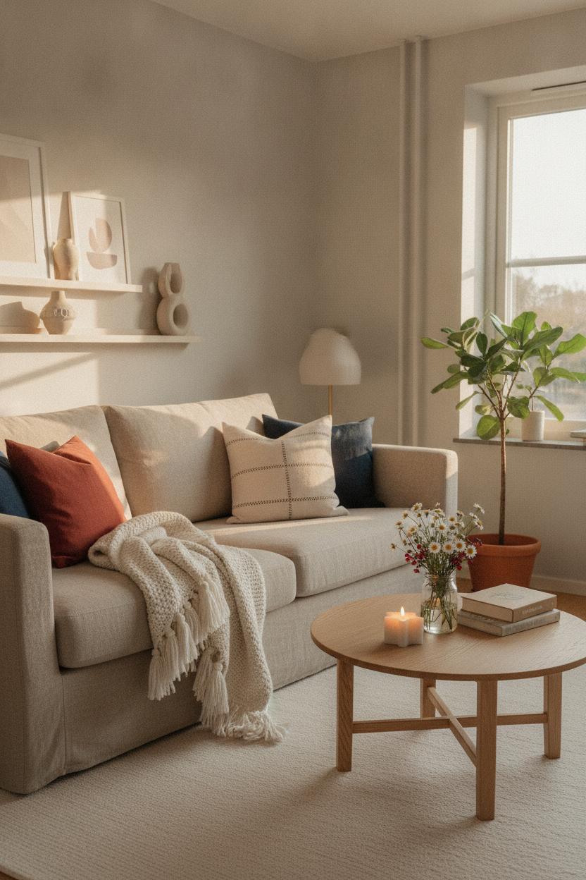 Cozy minimalist living room with red, white, and blue throw pillows — 4th of July home decor ideas done right