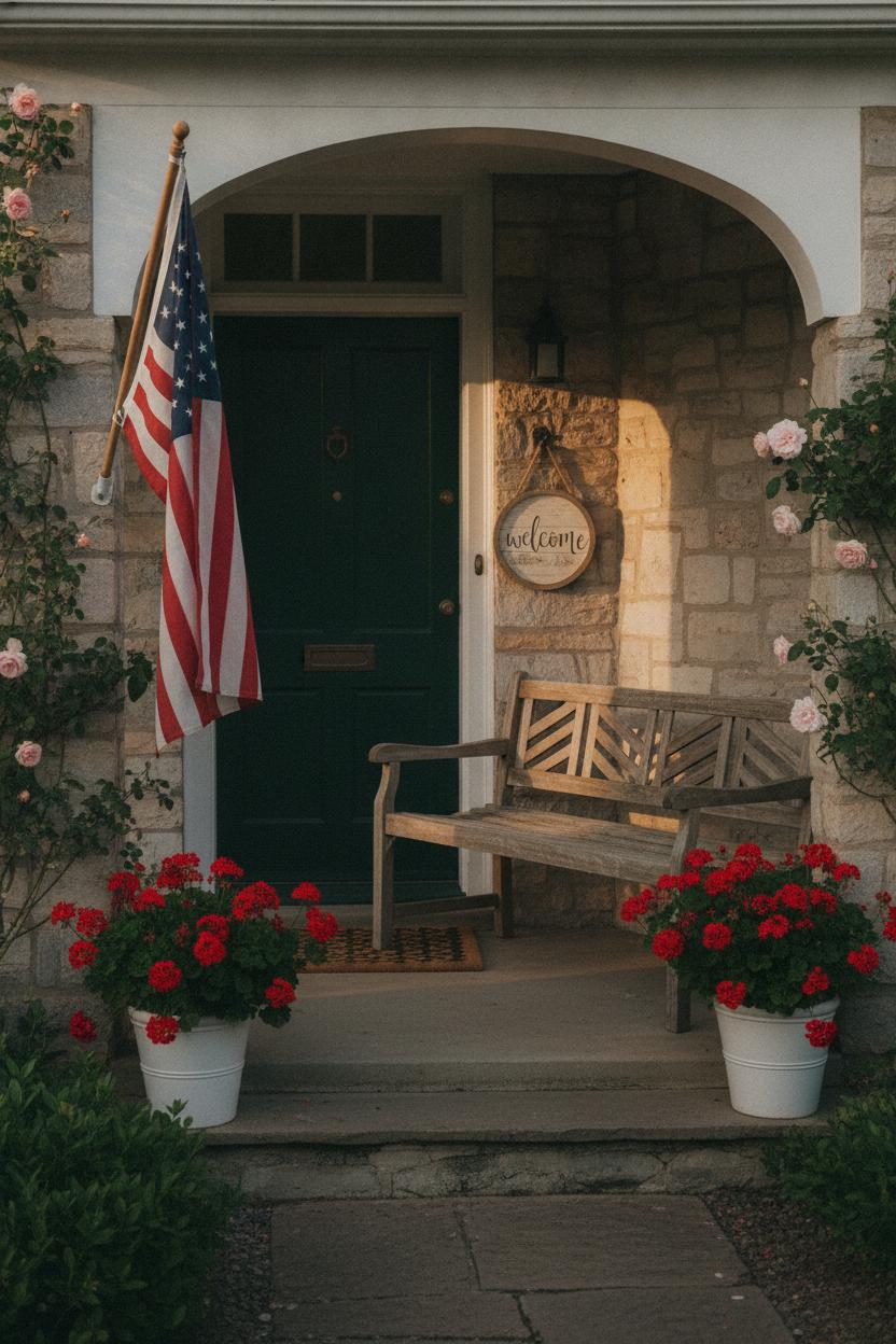 Cozy front porch with 4th of July home decor ideas: wooden bench, red geraniums, American flag, and welcome sign