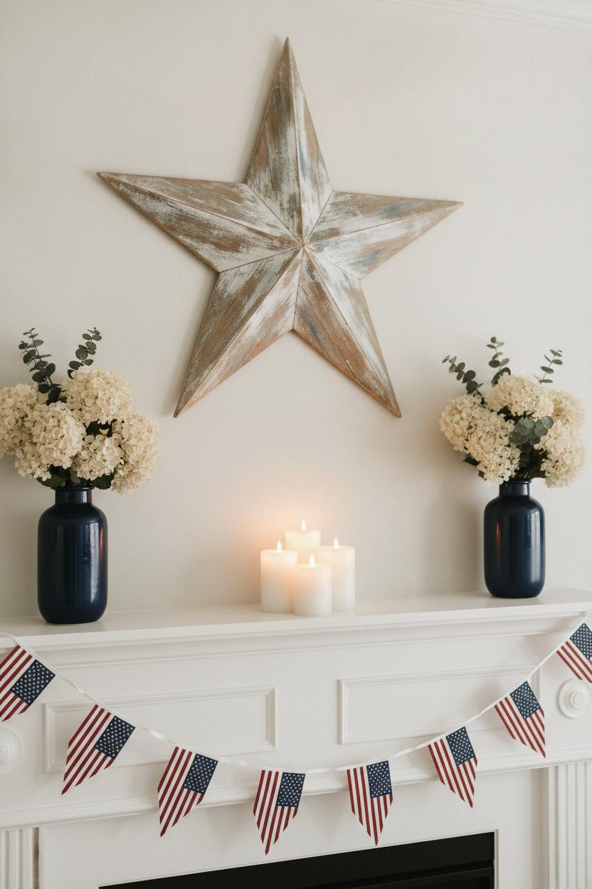 Americana fireplace mantel styled with 4th of July home decor ideas: flag bunting, pillar candles, navy vases