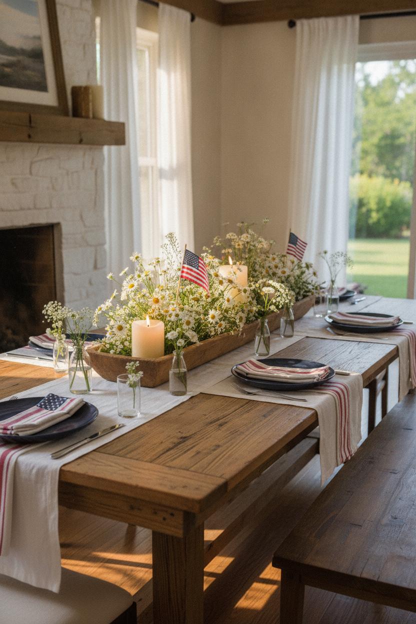 Elegant 4th of July home decor ideas featuring navy plates, striped linen napkins, and wildflowers on a farmhouse dining table