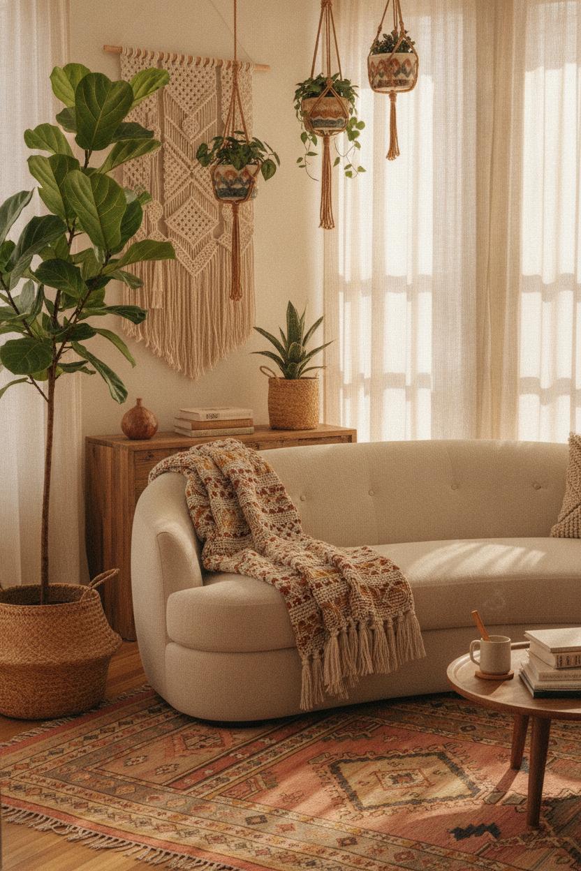 Boho living room with fiddle leaf fig, rattan planter, macrame wall art, and layered rugs — indoor plant decor ideas for home