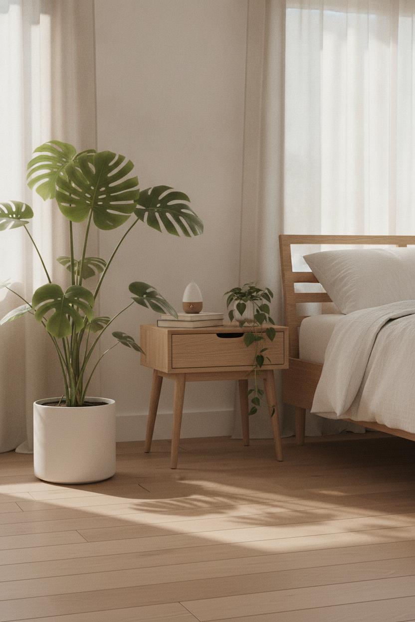 Minimalist bedroom corner with monstera and pothos plants in white pots — indoor plant decor ideas for home