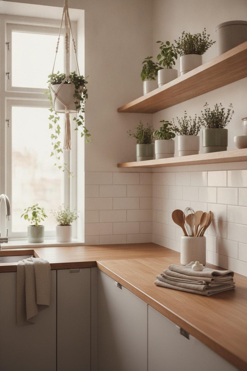 Scandinavian kitchen with indoor plant decor ideas for home, herb pots on open shelves and trailing ivy above window