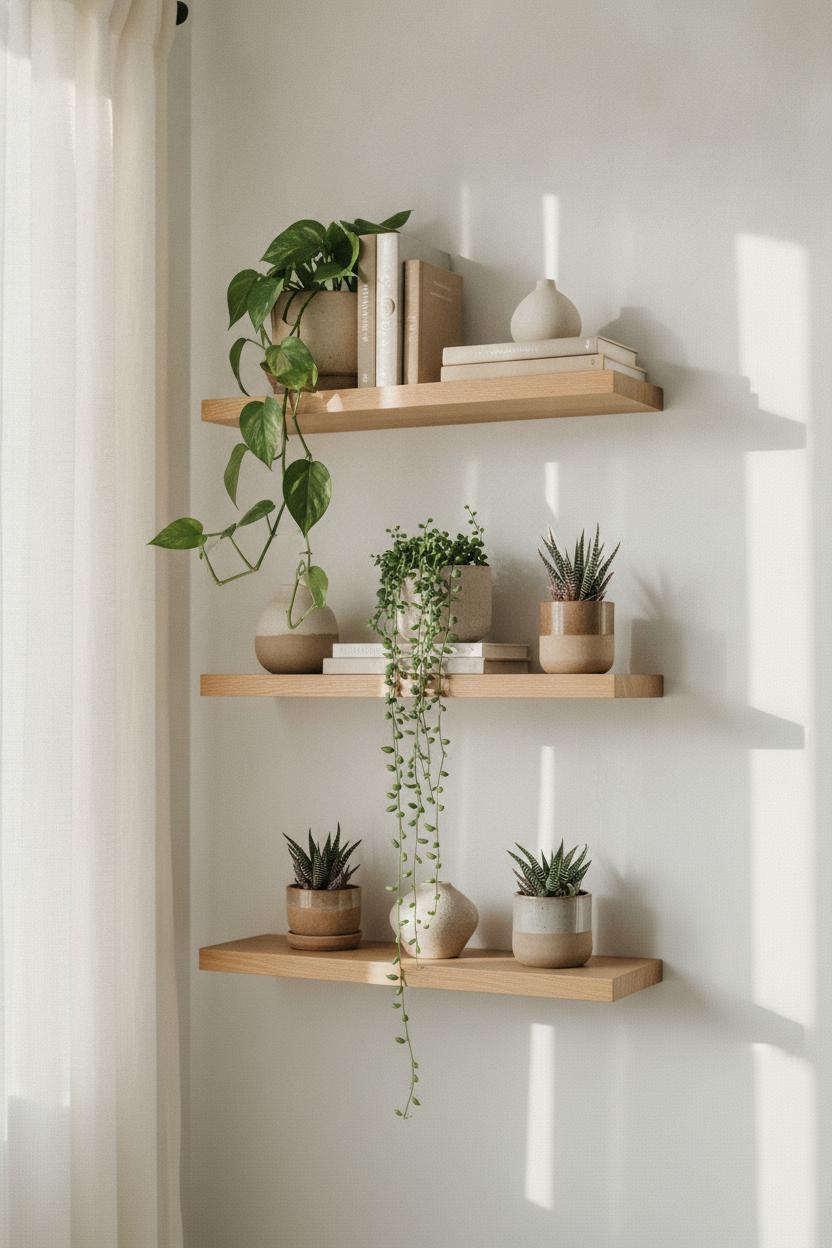 Floating wooden shelves with pothos, succulents, and string of pearls — <a href=