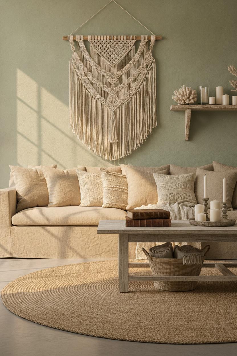 Coastal boho living room decor ideas with sage green walls, macrame wall art, driftwood shelf, and bleached wood coffee table