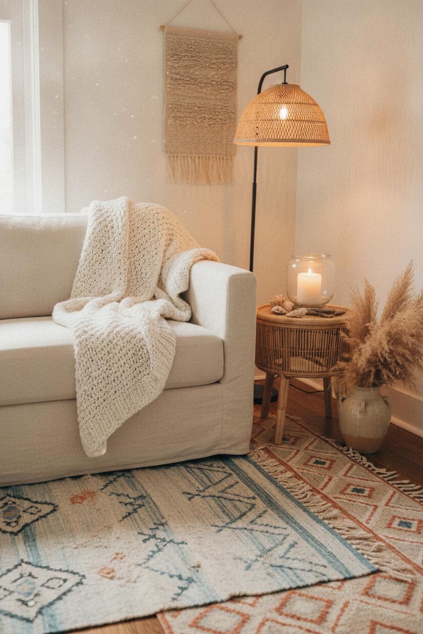 Coastal boho living room decor ideas with chunky knit throw, layered Moroccan rugs, rattan table, and warm candlelight