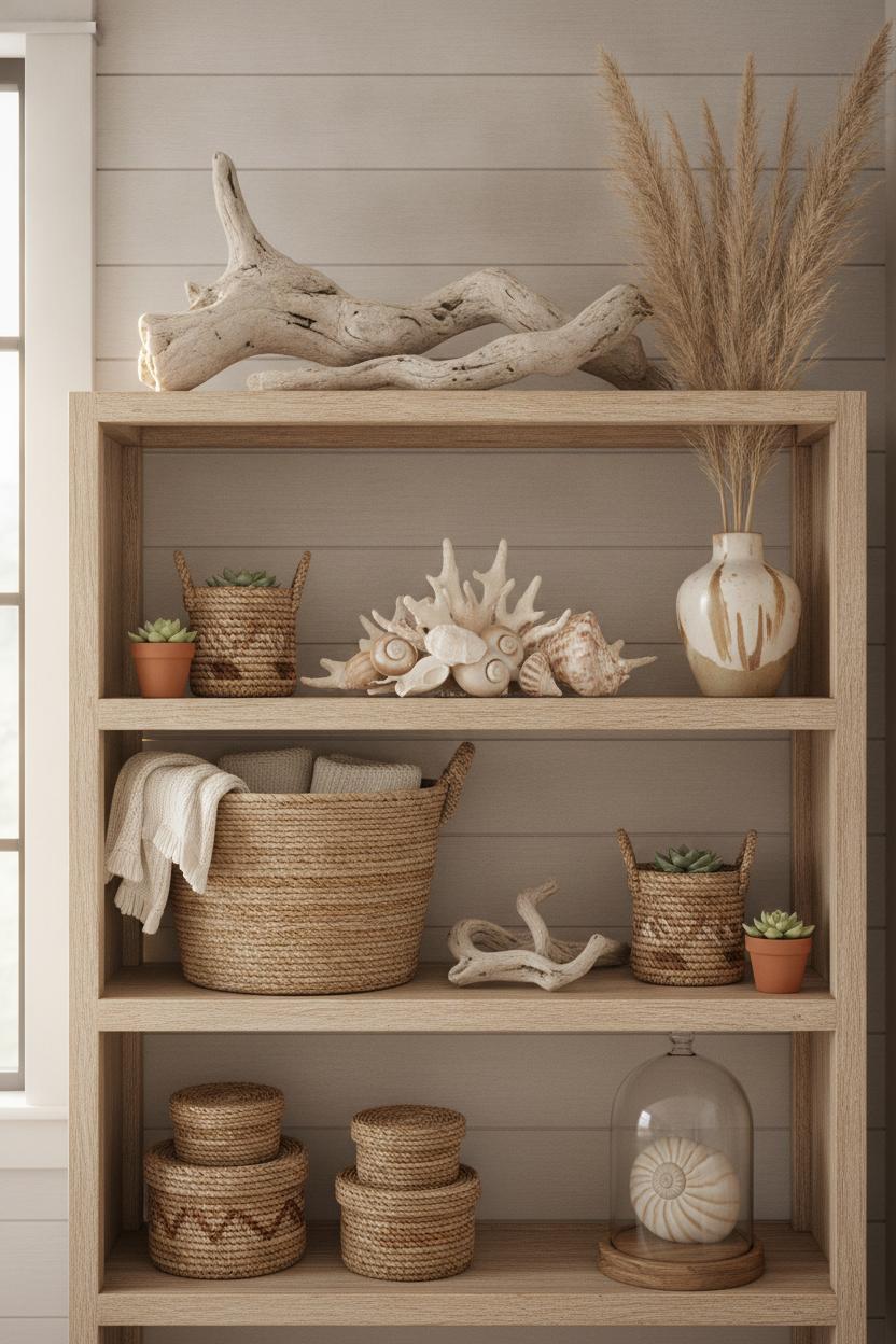 Coastal boho living room decor ideas with driftwood, seashells, woven baskets, and dried sea grass on a whitewashed shiplap shelf