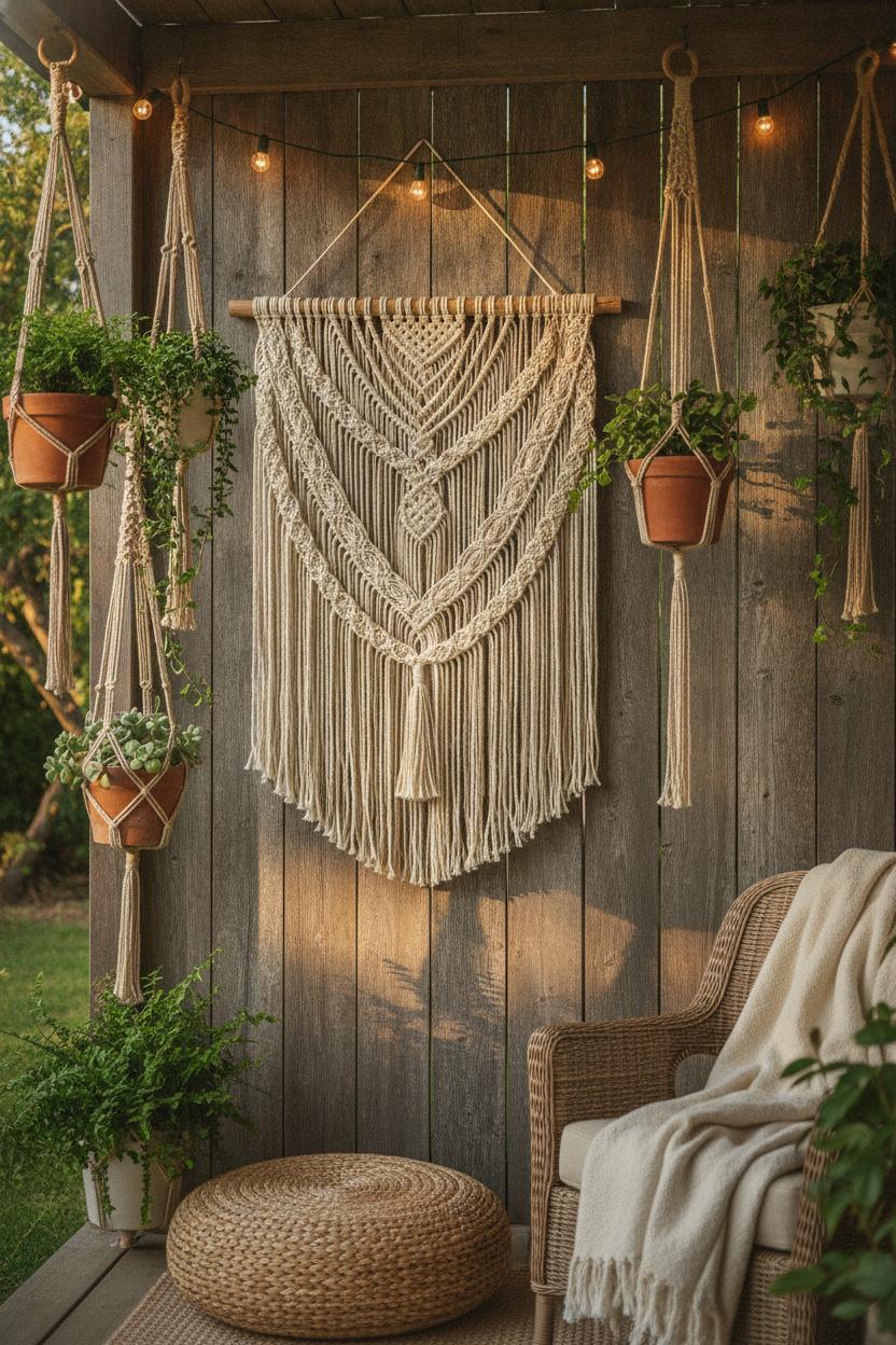 Cozy porch corner with macramé wall hanging, jute plant holders, and string lights — summer boho outdoor patio decor ideas