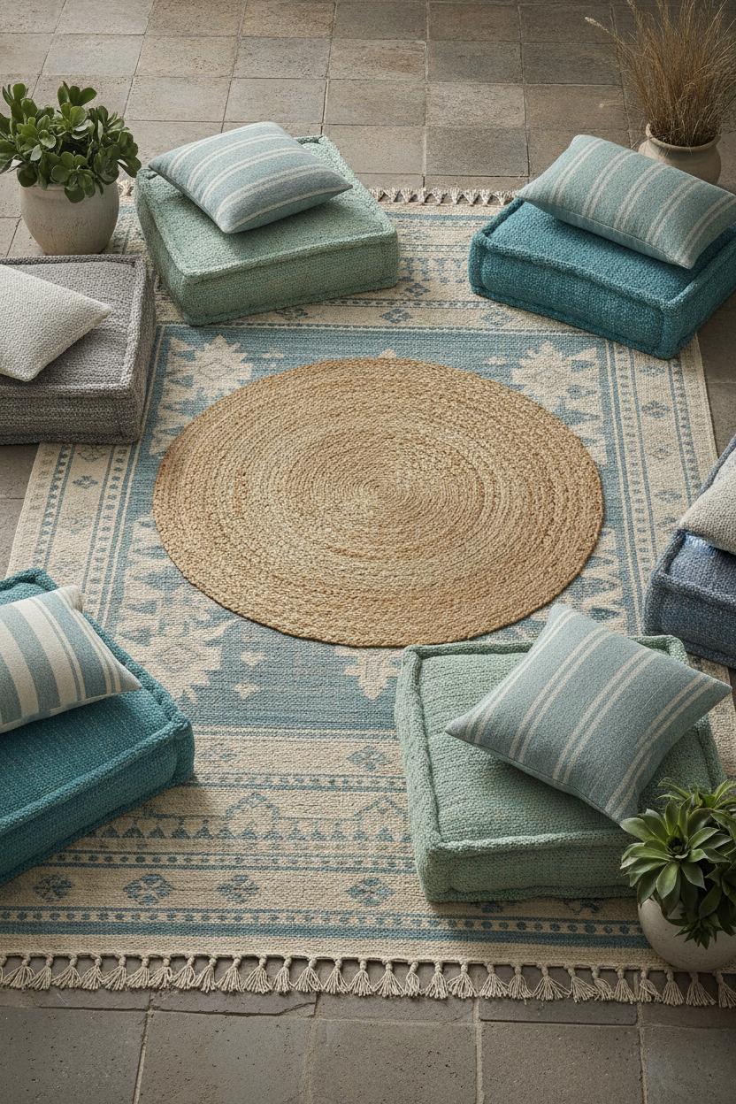 Layered flatweave boho rug and jute mat on outdoor patio with ocean-hued cushions — summer boho outdoor patio decor ideas