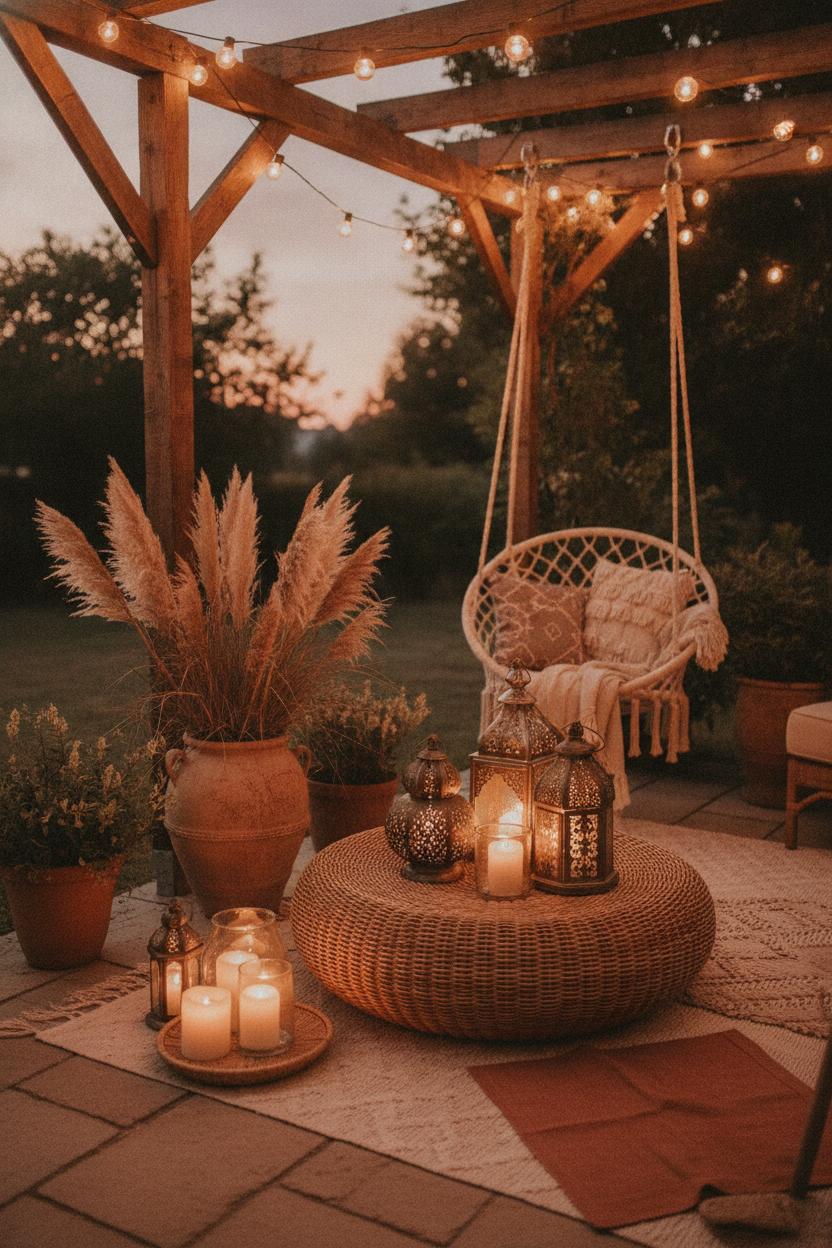Dreamy summer boho outdoor patio decor ideas with Edison string lights, Moroccan lanterns, and pampas grass candles at dusk