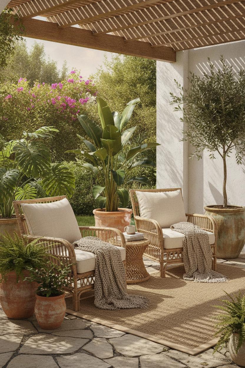 Sunlit patio with rattan lounge chairs, wicker table, cream cushions, and tropical plants — summer boho outdoor patio decor ideas