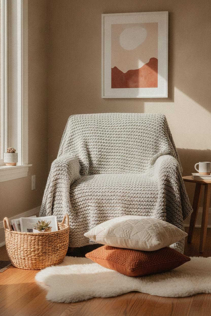 Cozy living room corner with chunky knit throw and terracotta pillows — budget living room makeover ideas
