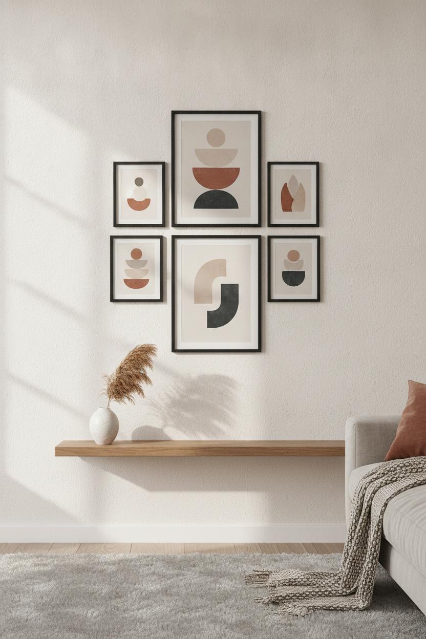 Minimalist gallery wall with black frames and pampas grass — budget living room makeover ideas under $30