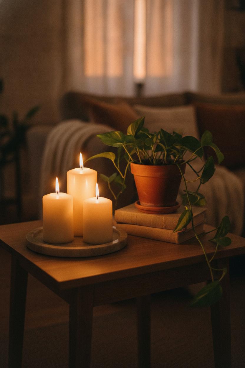 Styled side table with pillar candles, pothos plant, and linen books — budget living room makeover ideas