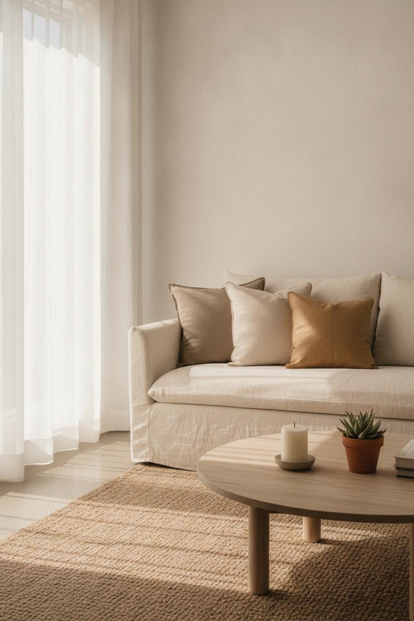 Bright minimalist living room with linen sofa and wooden coffee table — simple budget living room makeover ideas