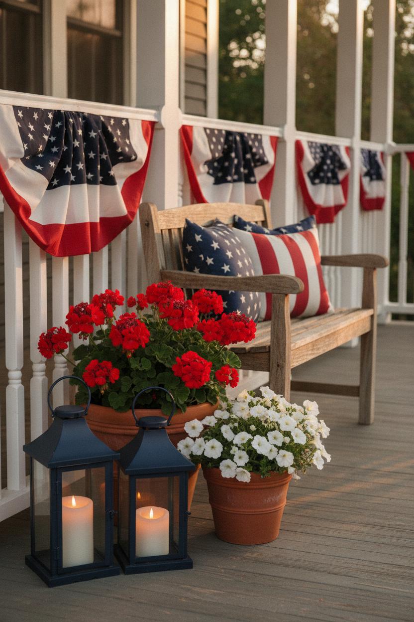 Charming Fourth of July porch with red white blue bunting, navy lanterns, star pillows, and geraniums — patriotic outdoor patio decor