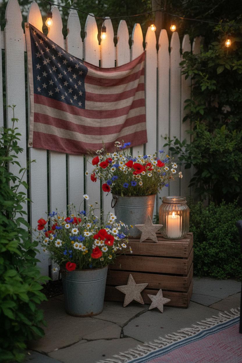 Cozy patriotic outdoor patio decor with American flag, wildflowers in galvanized buckets, and string lights at dusk