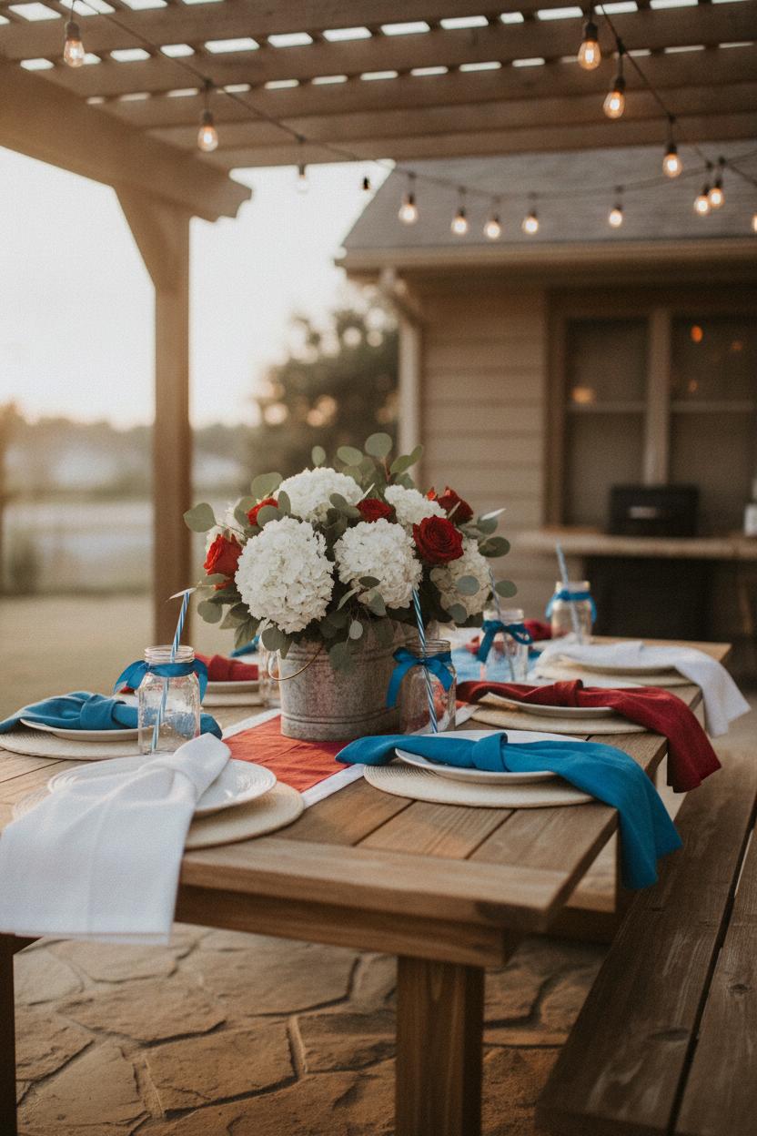 Patriotic outdoor patio decor with red white and blue napkins, florals, mason jar glasses, and string lights on wooden table