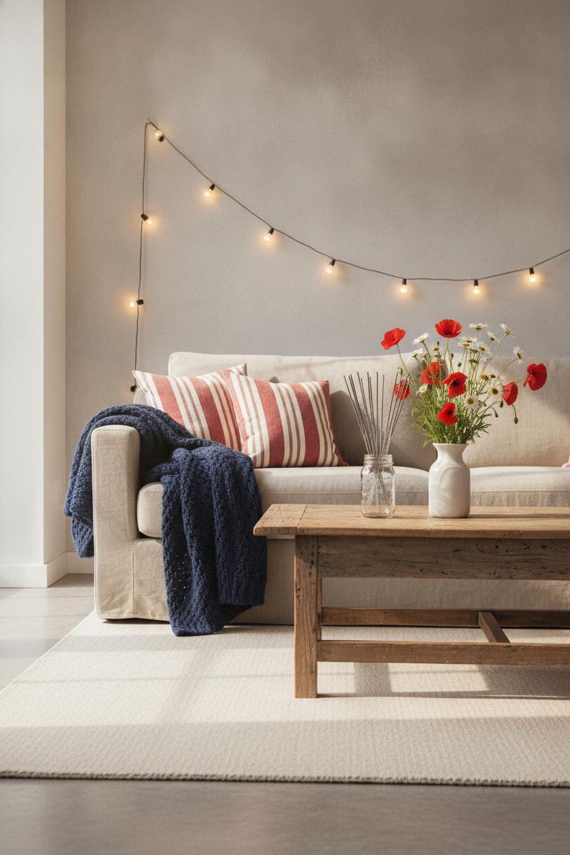 Cozy minimalist living room with 4th of July home decor ideas featuring red white navy pillows and sparklers
