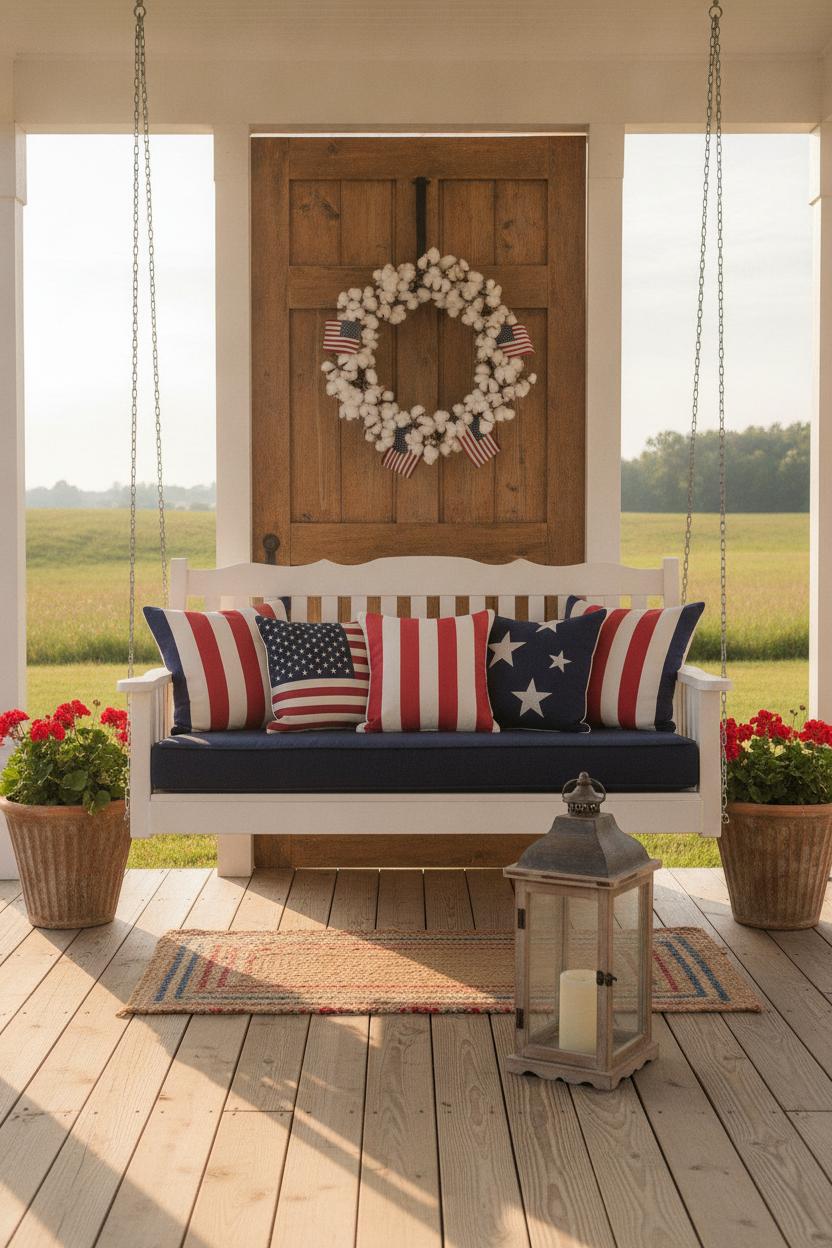 Farmhouse front porch with 4th of July home decor ideas: navy cushions, red geraniums, flag wreath, and rustic lantern