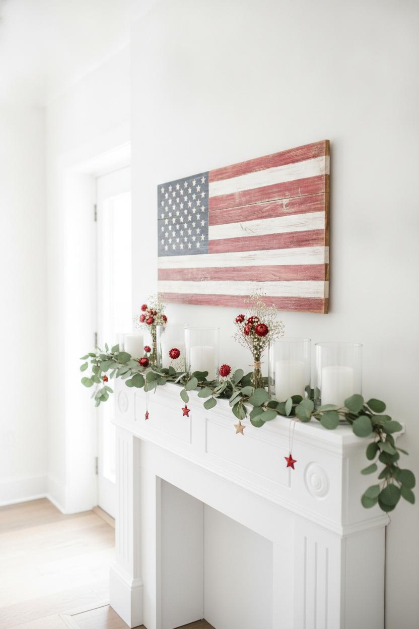 Minimalist white fireplace mantel styled with 4th of July home decor ideas including hurricane candles and American flag sign