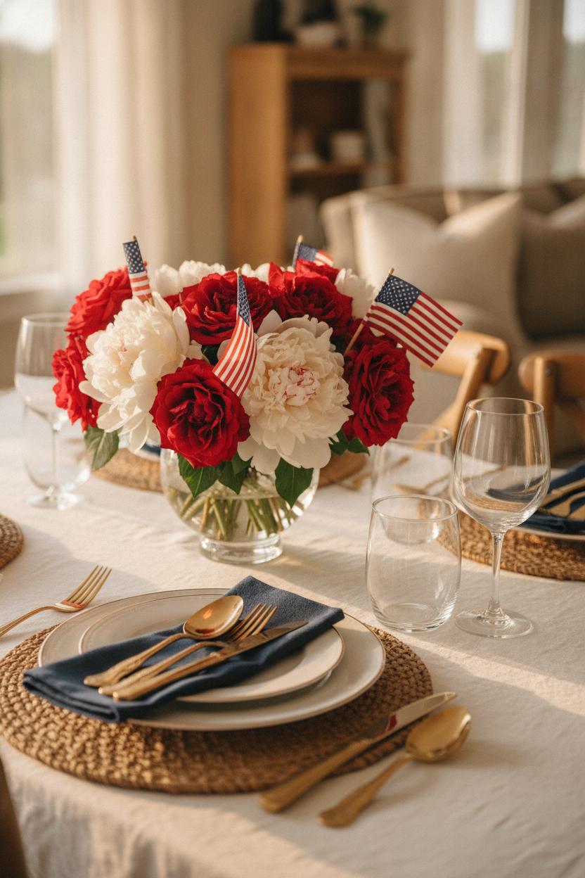 4th of July home decor ideas: styled dining table with red roses, white peonies, navy napkins, and gold cutlery