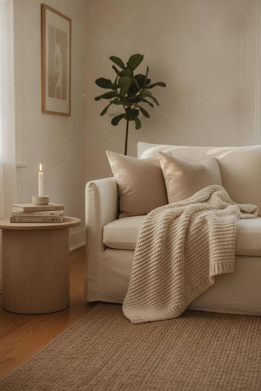 Cozy Scandinavian living room corner with knit throw and cushions — cheap ways to update your home with textiles