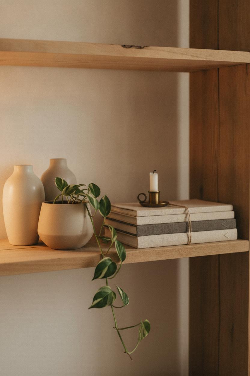 Styled wooden shelf with ceramic vases, pothos plant, and brass candleholder — cheap ways to update your home decor