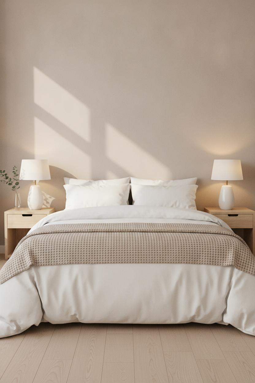 Minimalist bedroom with white bedding and waffle knit blanket — cheap ways to update your home for better rest